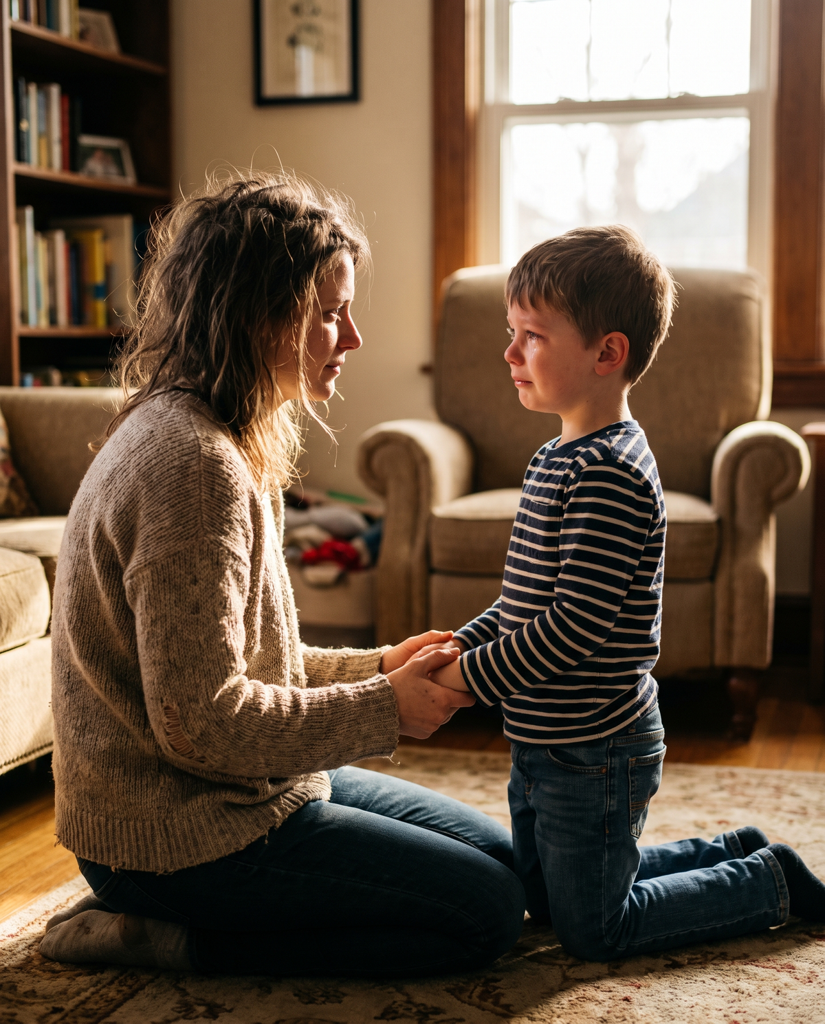 Mama spokojnie rozmawia z synem na wysokości jego oczu